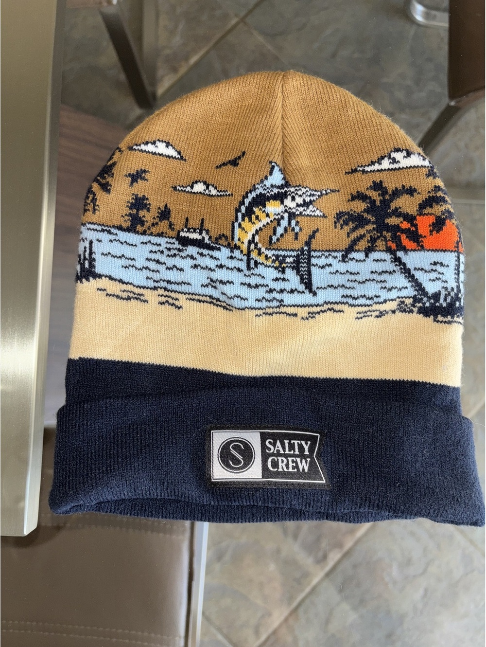 Salty Crew Marlin Beach Scene Navy Cuff Knit Beanie